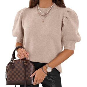 Women's Puff Short Sleeve Sweater Tops Trendy Knit Crew Neck Beige S-M-L-XL